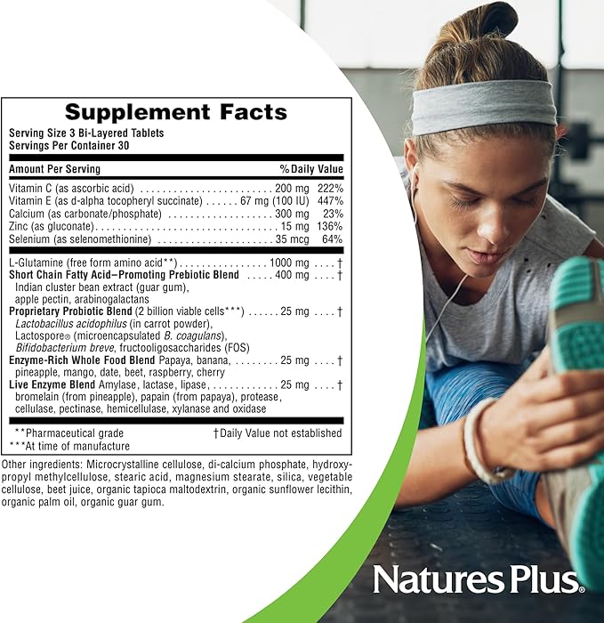 Natures Plus GI Natural Total Digestive Wellness - 90 Bi-Layered Tablets, Pack of 2 - with L-Glutamine, Probiotics, Prebiotics & Enzymes - Gluten Free - 60 Total Servings