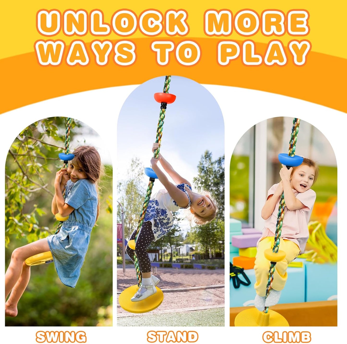 Climbing Rope Tree Swing with Platforms and Disc Swing Seat Set Outdoor Playground Accessories for Kids Including Hanging Strap & Carabiner Rope Swings for Tree Kids Swing Set Accessories