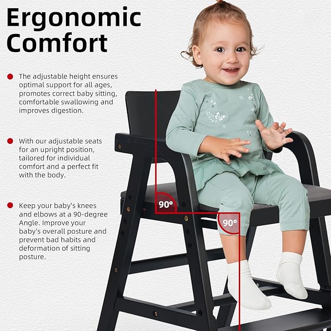 Solid Wood High Chair for Toddlers, Baby Highchair, Adjustable HighChair for Babies/Toddlers with Removable Cushion, Children Kids DiningChair, Teens Study Chair with Steps (Black)