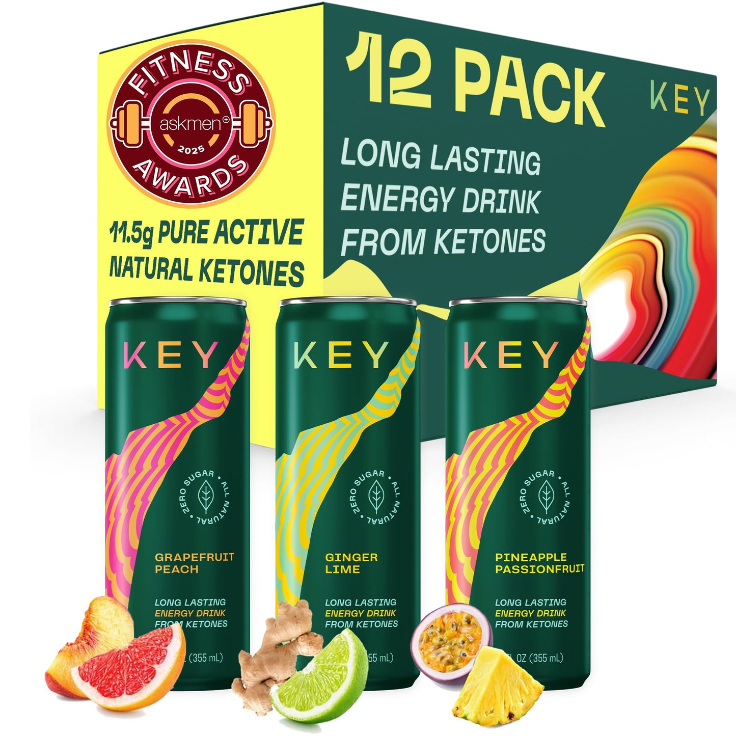 KEY Ketone Energy Drink - Sugar Free and All Natural from Ketones for Long Lasting Energy and optimal Green Tea Caffeine and L-Theanine for Mental Focus to Perform  Variety Pack (Pack of 12)
