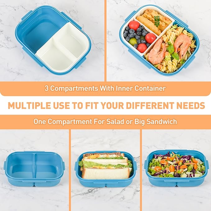 Bento Boxes with Removable Compartments for Adults & Kids,1000ml Lunch Box with Spoon & Water Cup,BPA-Free,Microwave & Dishwasher Safe(Blue)
