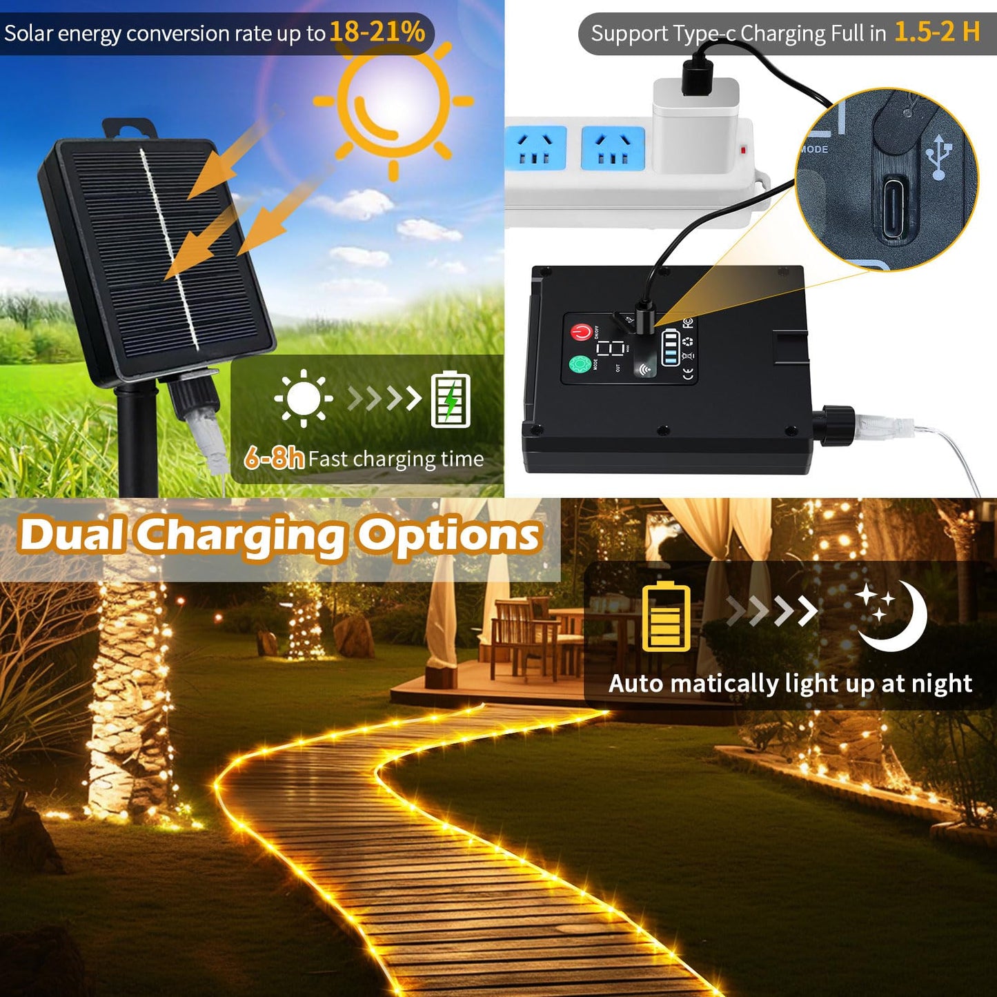 LairtPOW Solar Rope Lights, 200 LEDs, Waterproof, Warm White, 65FT, Rechargeable Battery, Remote Control, Model SRL-66FT-20M-HW