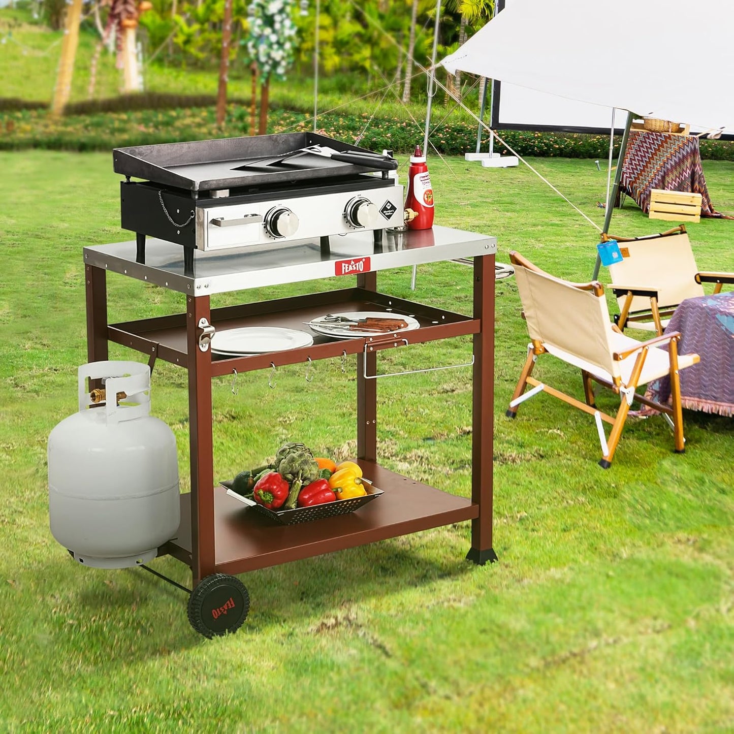 3-Shelf Outdoor Grill Table, Pizza Oven Table for Outside, Movable Grill Cart with Wheels, Indoor & Outdoor Cooking Station, Pizza Oven Stand for Ooni Blackstone Griddle 33.5”x 21.7”