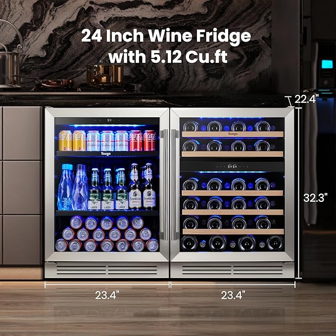 Yeego 48 inch Wine & Beverage Fridge Combo - Dual Zone Wine Cooler with Glass Doors, Hold 47 Bottles and 180 Cans, Built-in, Under Counter & Freestanding, Ideal for Bars, Offices, Restaurants