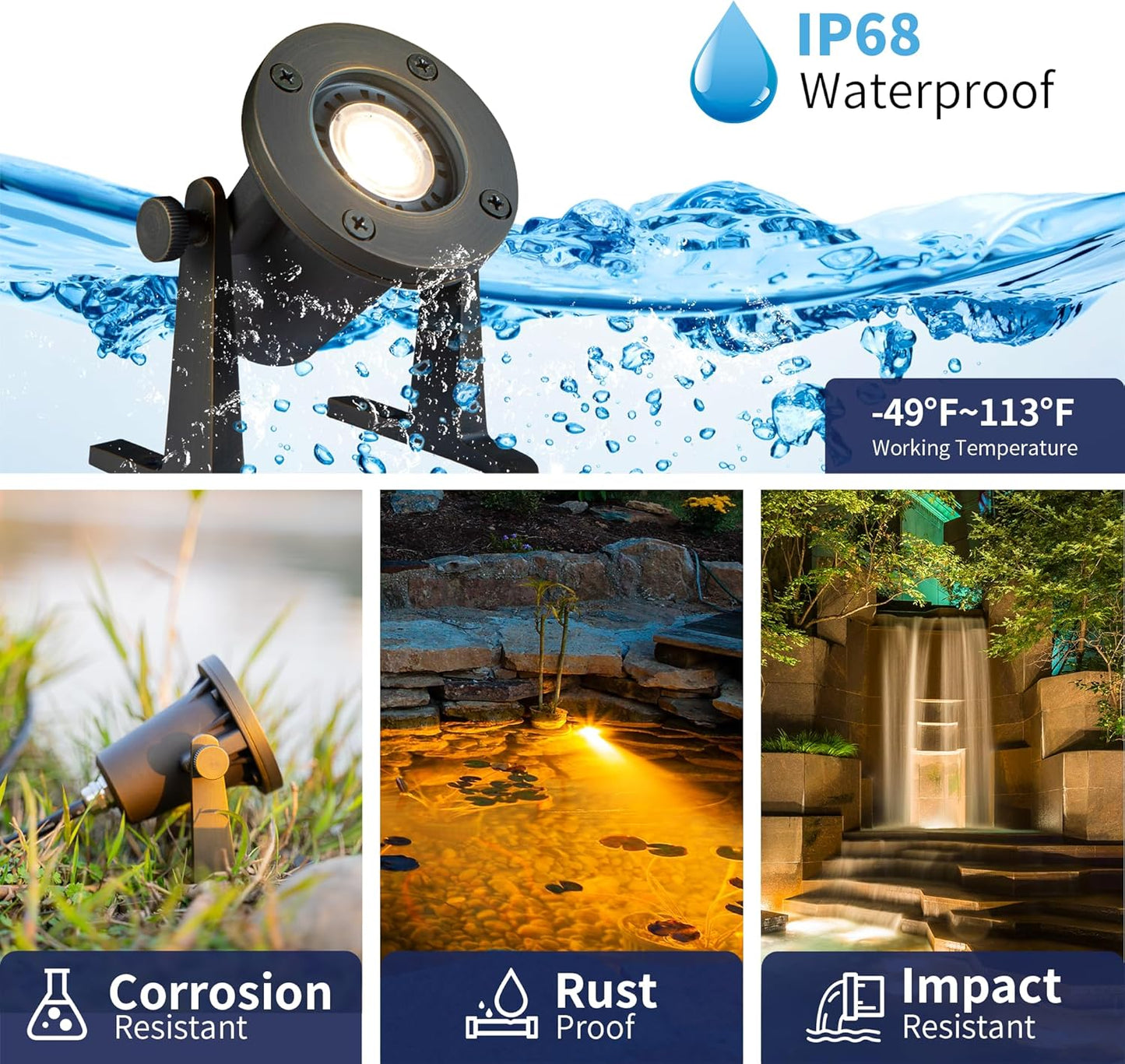 Submersible Pond Light - 12V Low Voltage IP68 Waterproof, Solid Brass Underwater Light with 3000K MR16 LED Bulb, for Water Fountains, Waterfalls, Pool and Outdoor Landscape Lighting(4 Pack)