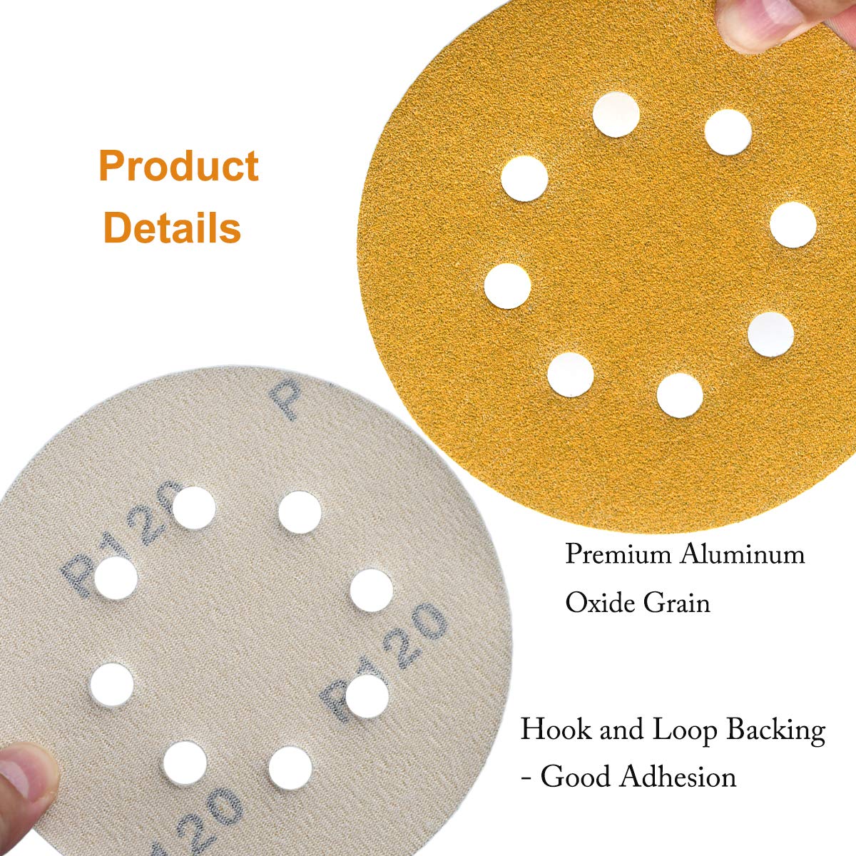 5-Inch 8-Hole Hook and Loop Sanding Discs 120-Grit Random Orbit Sandpaper, 50-Pack