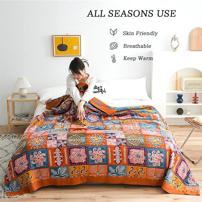 MSGKV Boho Throw Blanket King Size Christmas Blanket 100% Cotton Blankets for Couch Bed, Cotton Quilts Muslin Bed Blanket 90''x 98'' Cozy Pre-Washed Decor Gift for All Seasons