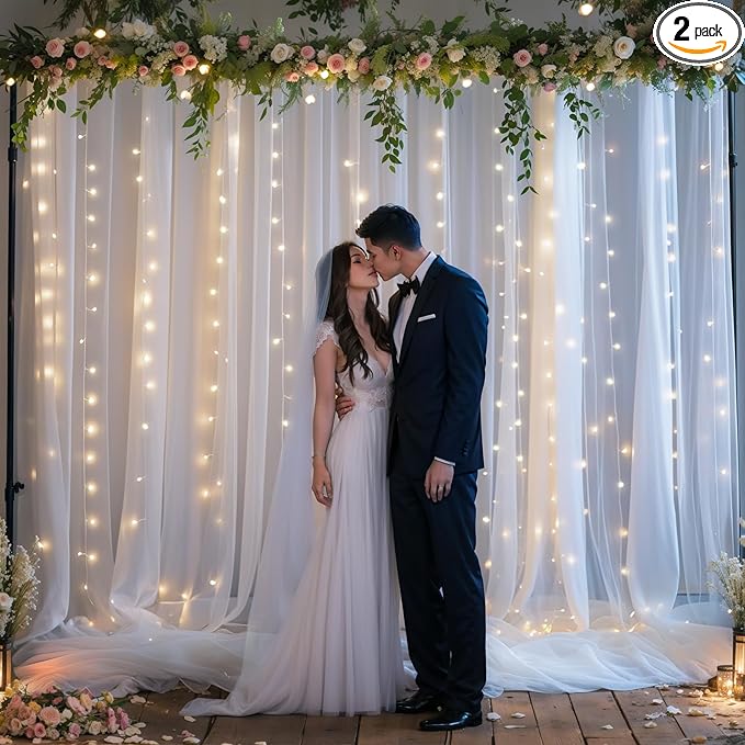 10ft x 8ft White Sheer Tulle Backdrop Curtains with Lights String Wedding Backdrop for Reception Ceremony Birthday Party B...