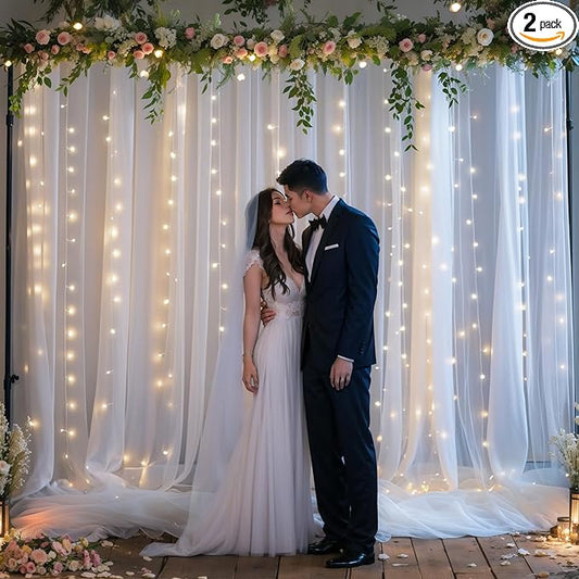 10ft x 8ft White Sheer Tulle Backdrop Curtains with Lights String Wedding Backdrop for Reception Ceremony Birthday Party B...