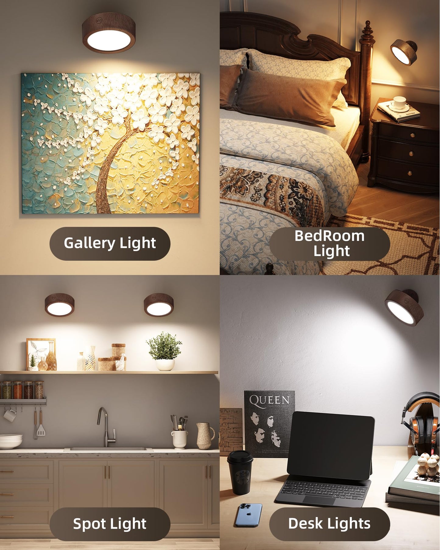 EZVALO LED Wall Mounted Lights, 3 Color Temps, Remote Control, 3 Pack, Black Walnut, Model EZL2404A