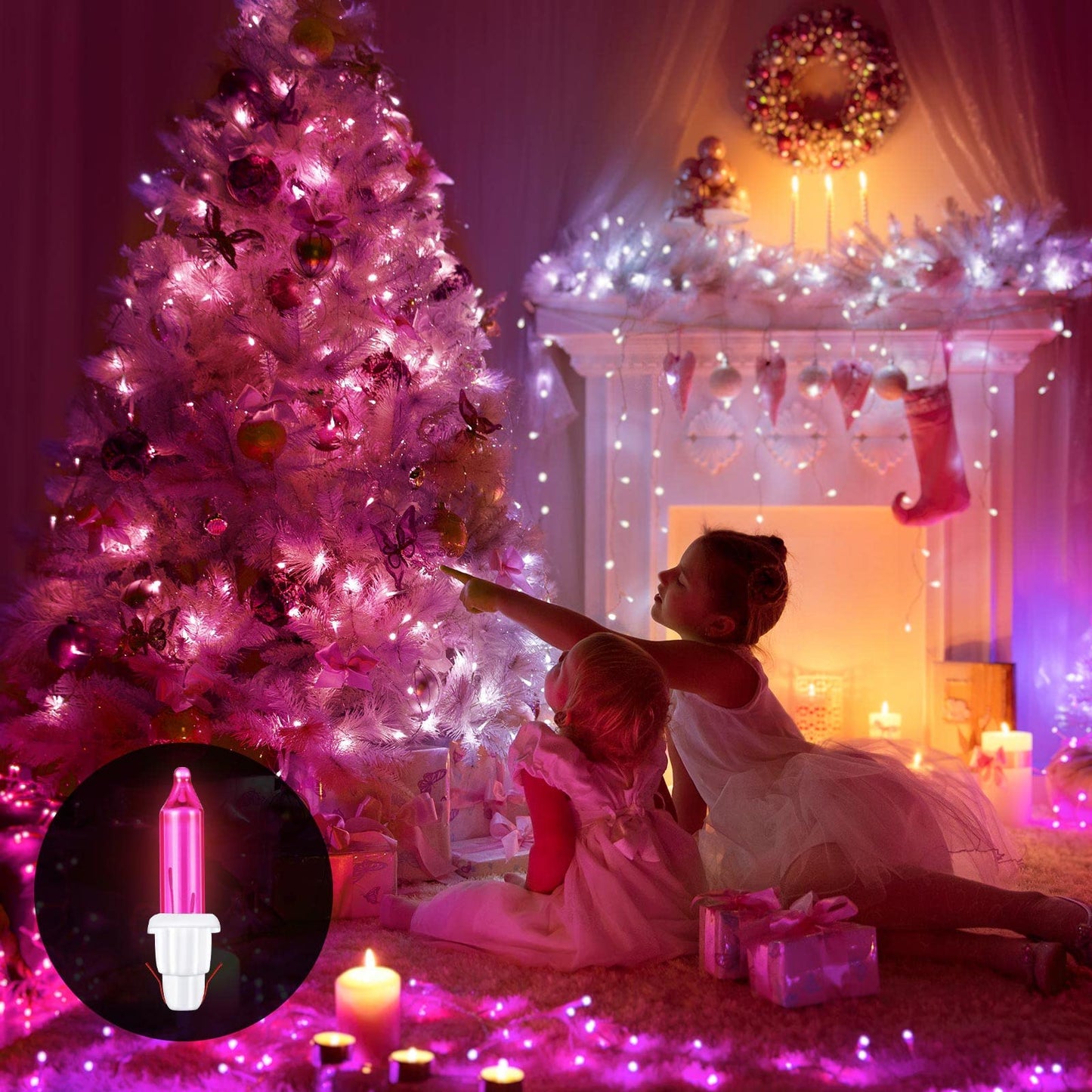 Mudder 100 Pieces 2.5V Replacement Christmas Tree Light Bulbs Mini Incandescent Wire String Lights Replacement Bulbs For Halloween  Xmas Tree Decoration  Holiday(White Base With Pink Bulb)