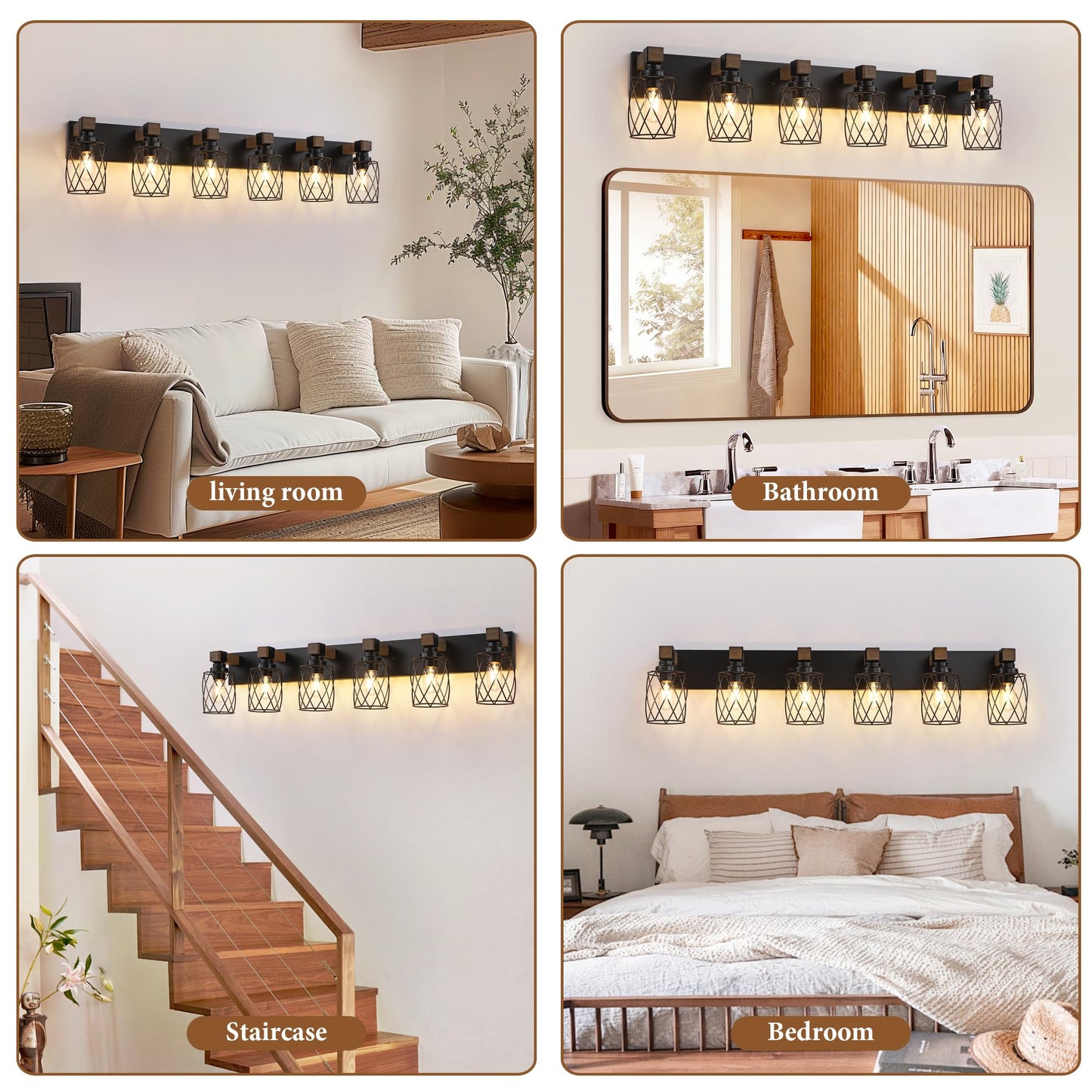 Xvmbvm Farmhouse Bathroom Vanity Light  6-Light Wood Bathroom Light Fixtures Over Mirror  Black Industrial Vanity Lights With Metal Shade  Rustic Bathrooms Lighting For Living Room  Bedroom  Hallway