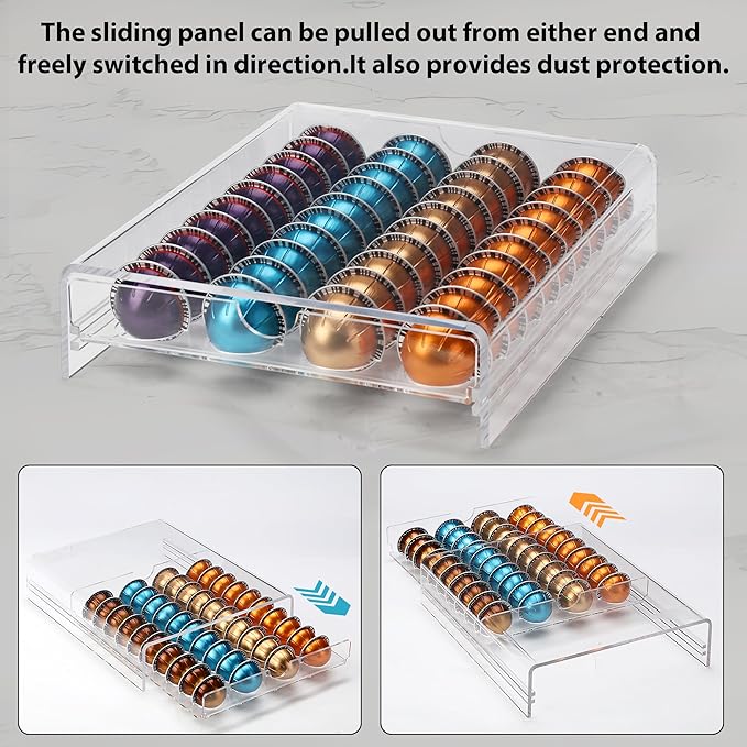 Clear Acrylic Coffee Pod Drawer for Nespresso Vertuo – 40-Pod Double-Sided Pull-Out Organizer