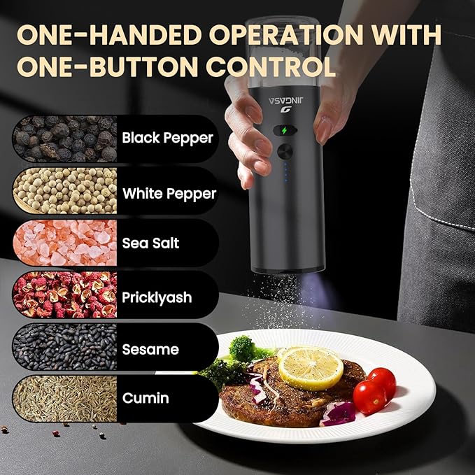 [Upgraded Larger Capacity]Electric Salt and Pepper Grinder Set, USB Rechargeable Automatic Salt and Pepper Shakers Set with Visual Power Reminder, 4oz Large Capacity with Adjustable Coarseness（Black）
