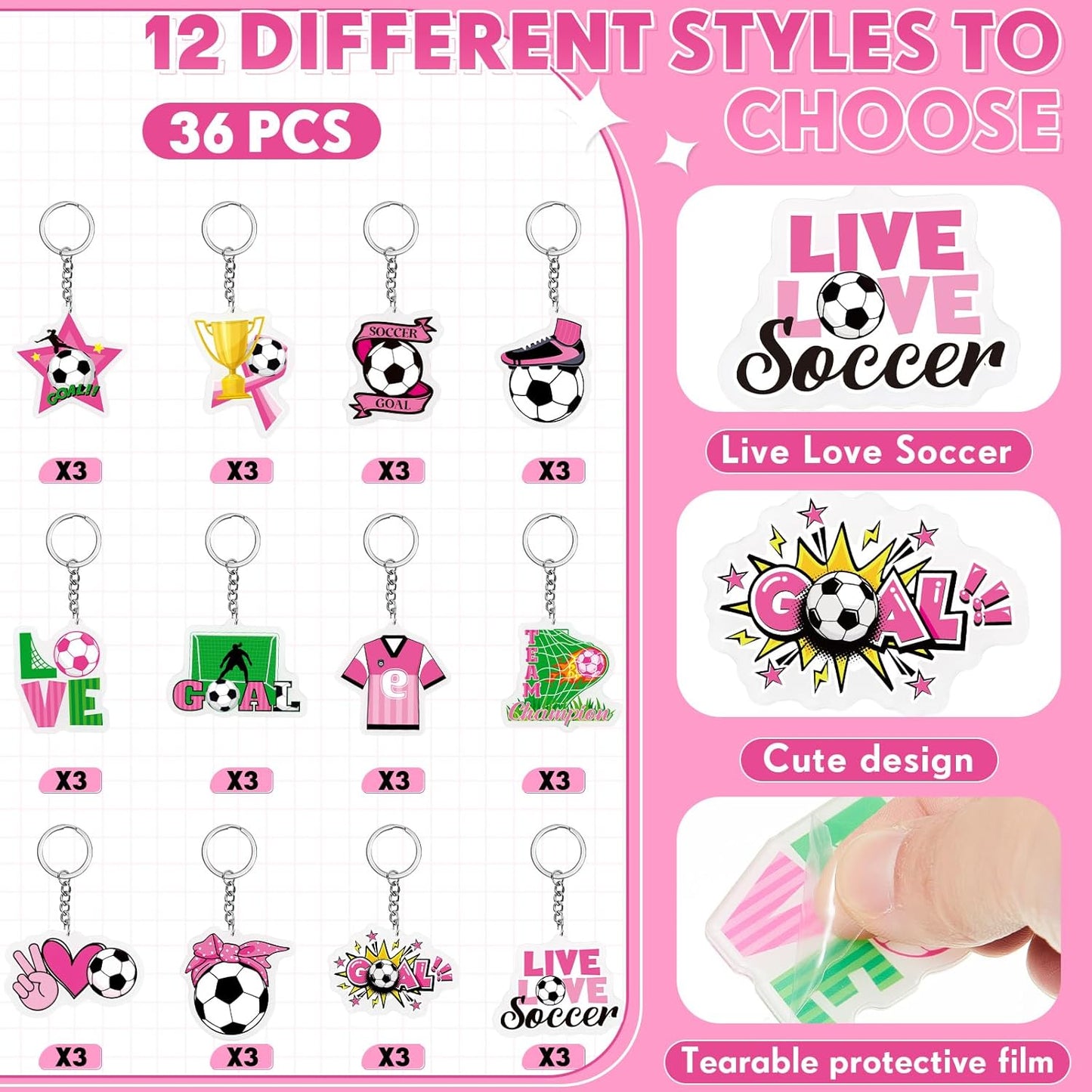 Batiyeer 36 Pack Pink Soccer Ball Keychains Bulk Party Favors Sports Ball Key Chains Funny Keyring Gifts for Birthday Supplies