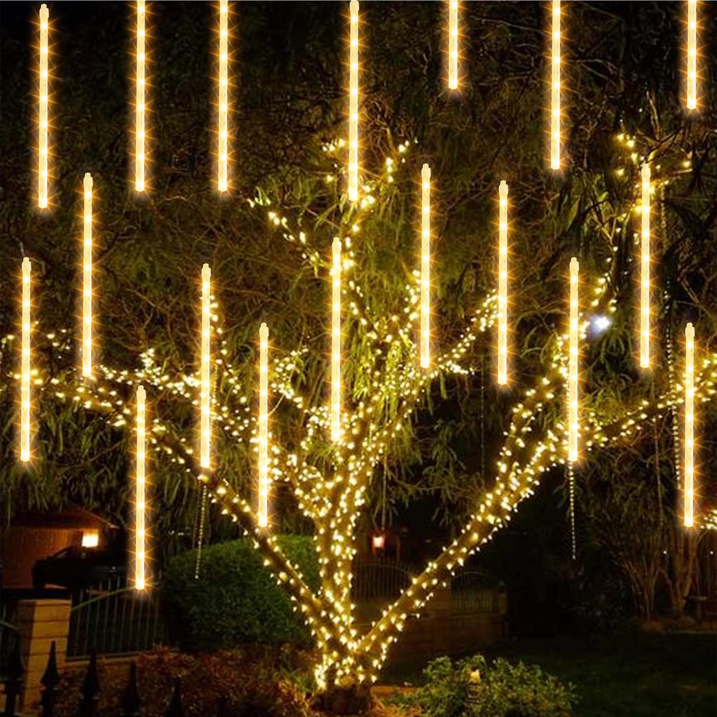 Dazzle Bright 1728 Led Christmas Light  Meteor Shower Rain Lights 11.8 Inch 48 Tubes  Waterproof Plug In Falling Rain Lights Decorations For Xmas Tree Yard Party (Warm White)