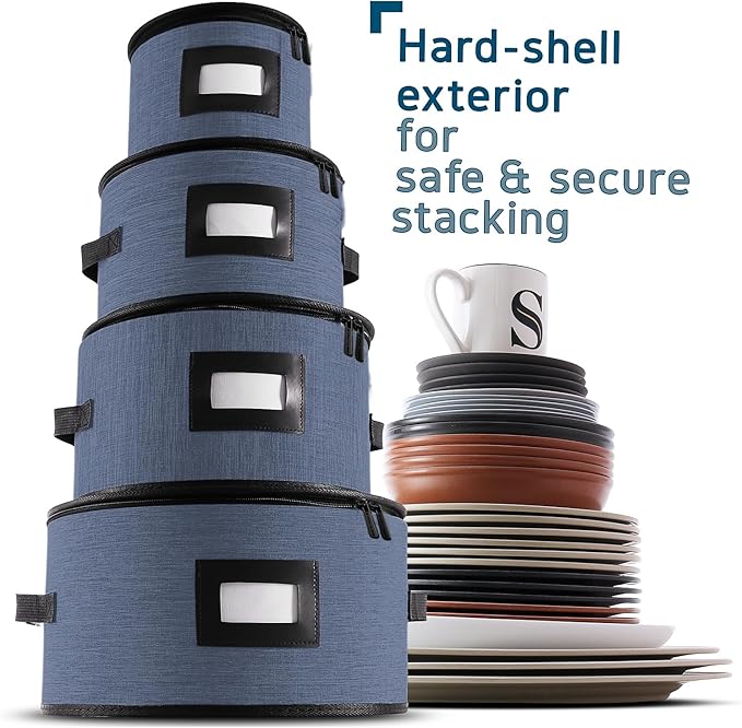 Fine China Storage Containers Hard Shell, 4 Piece Dish Storage Containers, Quilted Plate Containers, Stackable Dish Organizer with Dividers, Dinnerware Storage for Moving and Seasonal Storage, Blue