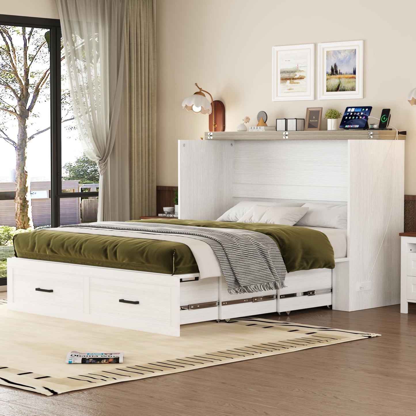 Ball & Cast Murphy Bed Queen,Farmhouse Hideaway Cabinet Bed with Charging Station and Large Storage Drawer,Foldable Wall Murphy Beds w/Slat Support,Space-Saving Furniture for Study,Office,White