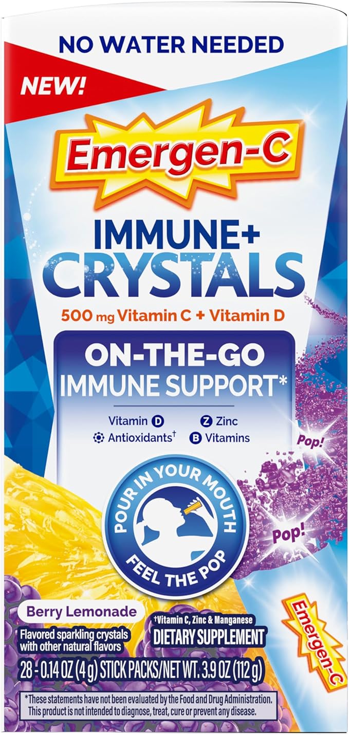 Emergen-C Immune Plus Crystals, On-The-Go Immune Support Supplement with Vitamin C, Vitamin D, B Vitamins, Zinc and Manganese, Berry Lemonade - 28 Stick Packs