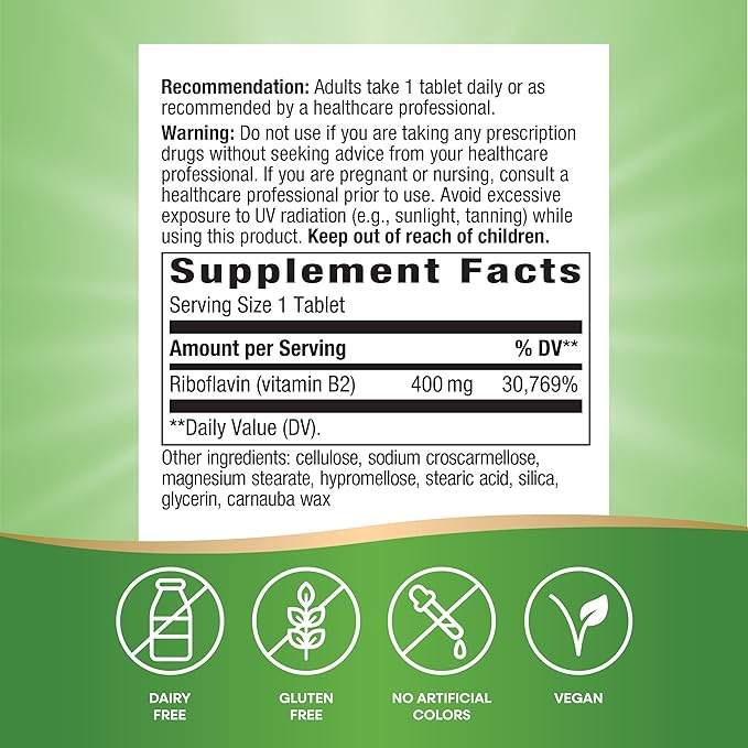Nature's Way Riboflavin Vitamin B2, Supports Cellular Energy Production*, Vegan, 30 Tablets (Packaging May Vary)