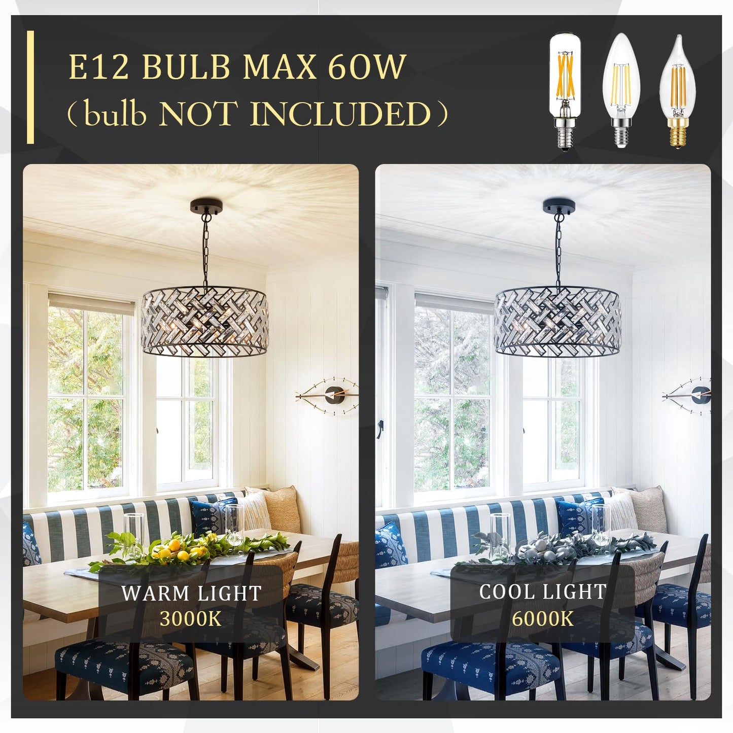 Catiner Black Modern 18 Crystal Chandelier, 6-Light Semi Flush Mount, Metal Drum Shade For Kitchen, Dining Room, Bedroom, Hallway