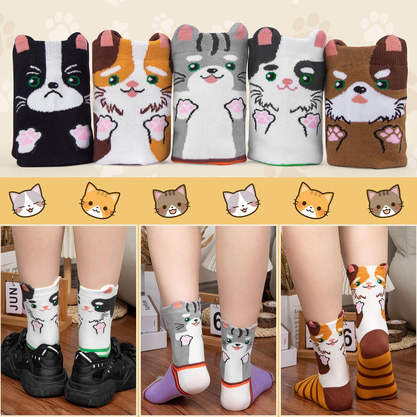 Cropgain 5 Pairs Women Girls Socks Cute Animal Socks Cat Dog Cow More Fun Novelty Socks Gifts for Girls,Mixed Striped Cats
