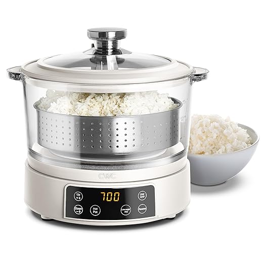 COOK WITH COLOR 3L Glass Mini Low Carb Rice Cooker – Holds 2 Cups Raw/Makes 6 Cups Cooked with Auto Lift Filter Basket, Hotpot & Steamer for Rice, Grains, Digital Panel with Keep Warm, Cream