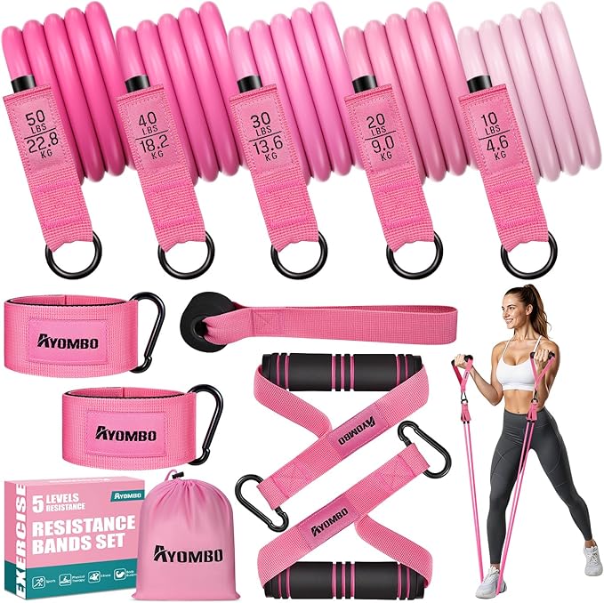 Ayombo Resistance Bands with Handles for Women, Exercise Bands Set for Physical Therapy Yoga Pilates, 5 Level Workout Band...