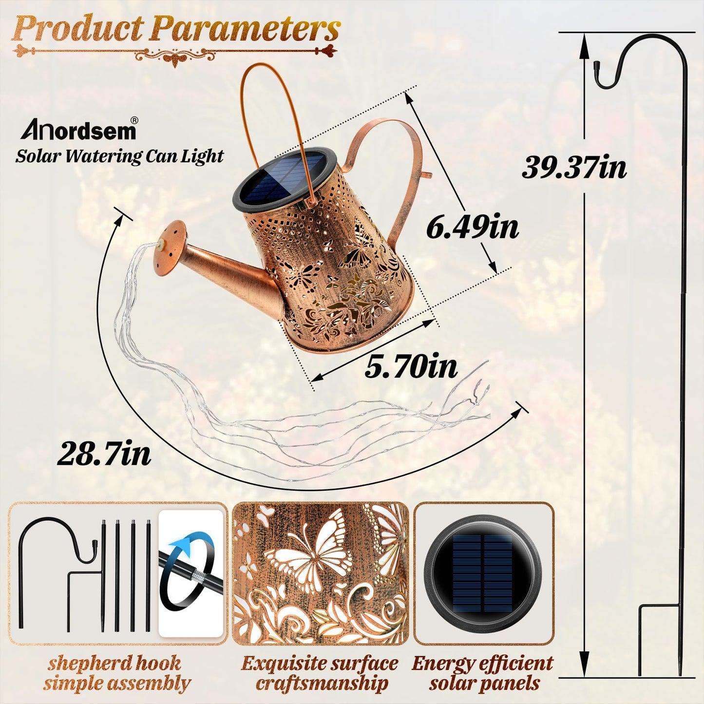 Anordsem Solar Watering Can Lights - Butterfly Hanging Lanterns, Waterproof Decor For Garden, Patio, Christmas Gifts For Women, Model W52