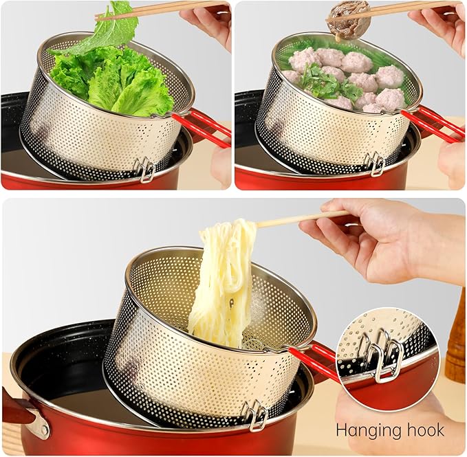 Stainless Steel Colander, Micro-Perforated Metal Pasta Strainer with Hook & Removable Handle, Colander Strainer Sieve for Kitchen French Fries Vegetable/Rice/Fruit/Food - 20cm/7.87in