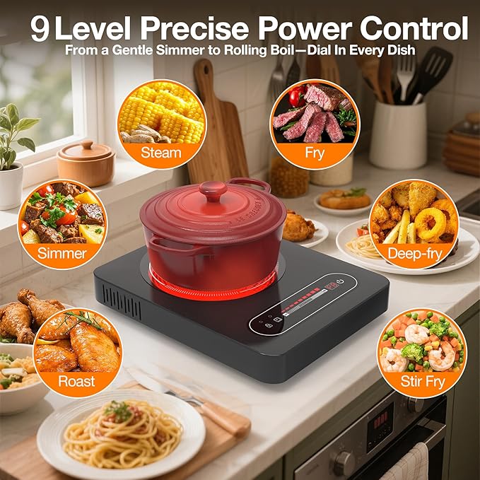 1800W Electric Cooktop, 11 Inch Portable Single Burner with Timer & Child Lock - 110-120V Compact Countertop Stove for Everyday Cooking in Kitchen, Dorm, RV or Office