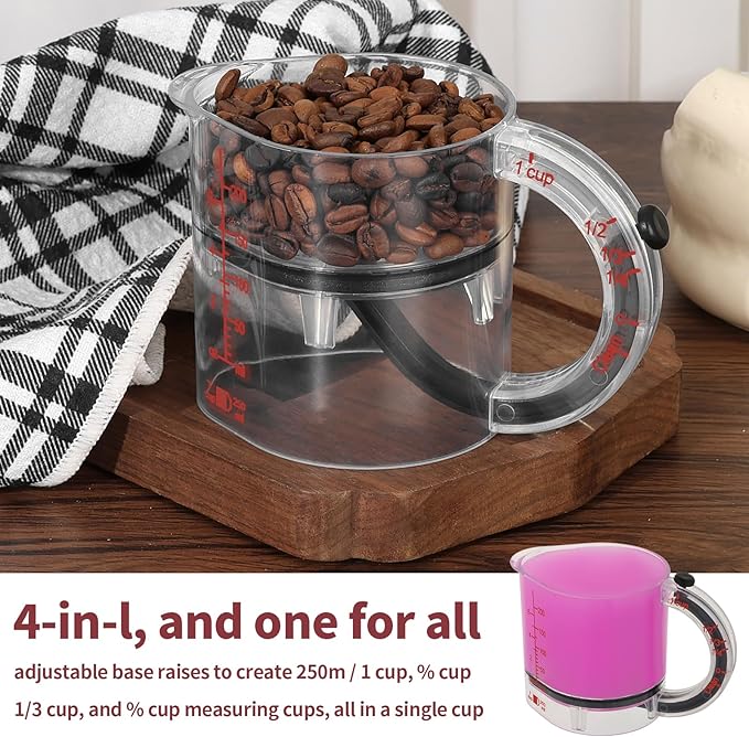 4-in-1 Adjustable Measuring Cup, Adjustable Base Kitchen Measuring Cup, Push-In Measurings Cups with Oz/Ml Dual Markings, Multi Measurings Cube Cups for Cooking and Baking (2PCS)