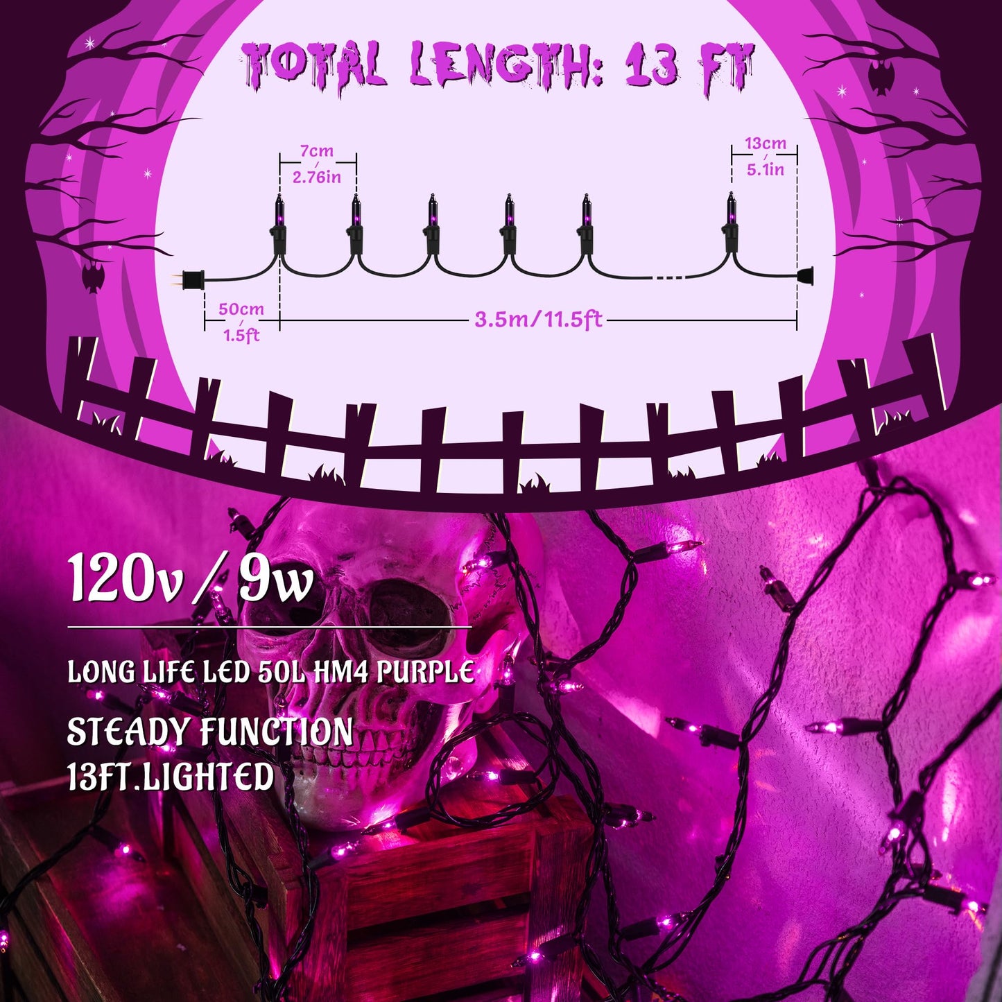 YOUNGAR Purple Halloween String Lights, 50 Count, 13FT, Waterproof, Black Wire for Indoor/Outdoor Decor