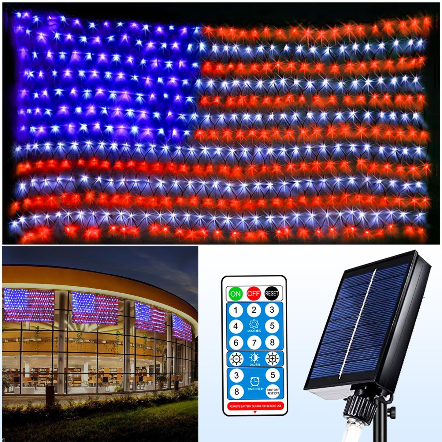 Decute Solar American Flag String Lights, Waterproof 420 LED, Model HLX-038, Solar Powered + Plug In, for Outdoor Holiday Decorations