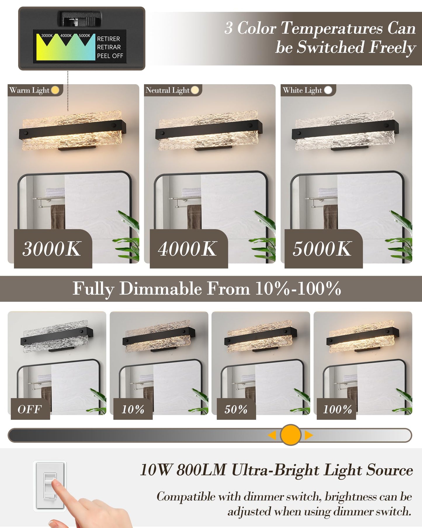 Osimir Modern Black Bathroom Vanity Light  16.5 Inch 10W Dimmable Led Bathroom Light Fixture Over Mirror  Crystal Bar Wall Sconce Lighting For Bath  3Cct  Os-Mm5001-2Bk