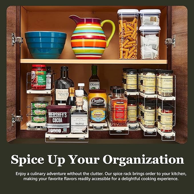 Vertical Spice Cabinet Mounted Spice Rack Drawer - Pull Out Cabinet Organizer - Cupboard Organizers & Storage - Pantry Shelves - 15 Regular Jars, 3 Drawers (6.9" W x 5.0" H x 10.6" D, Cream)