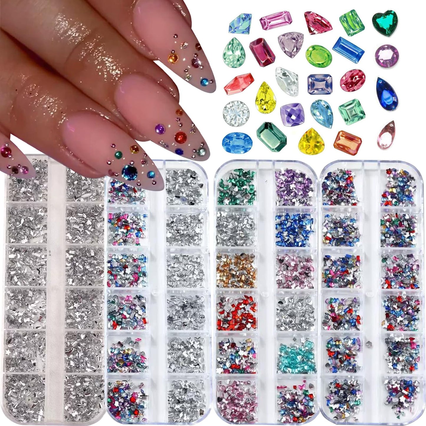 ONPRESS 4Boxes/48Gird 4000Pcs Colorful Rhinestones Nail Art Charms 3D Flatback Rhinestones for Nails Art Design Heart Star Flowe
