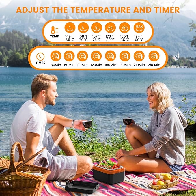 Electric Lunch Box For Adults - Rechargeable 75W Self-Heating Food Warmer with 6.3 Cups(1.5L) Stainless Steel Container, Heated Lunch Box For Office, Picnic, Car & Outdoor Use(Orange)
