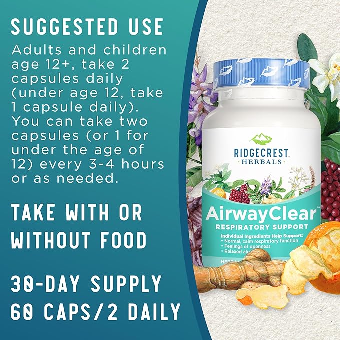 Ridgecrest Herbals AirwayClear, Lung Health and Breathing Support Supplements with Schisandra Fruit, Cassia Bark and Ginger Root, Sinus, Mucus Support, Gluten Free (60 Vegan Caps, 30 Serv)
