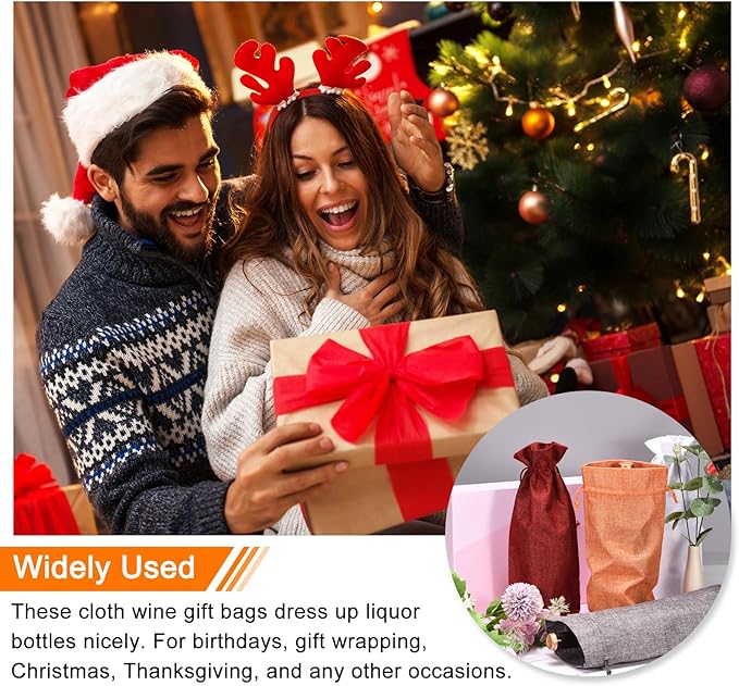 uxcell Burlap Wine Bags with Drawstrings, 12Pcs Wine Gift Bags Reusable Wine Bottle Bags with Ropes and Tags for Wedding, Birthday, Travel (14 x 6.3 In, Wood)