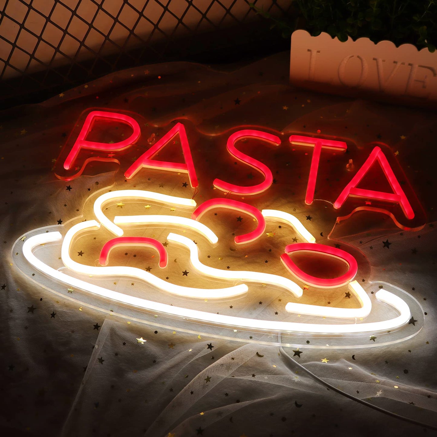 Jfllamp Pasta Neon Signs For Wall Decor Neon Lights For Bedroom Led Business Signs Suitable For Italian Pasta Restaurant Noodle Unique Gift For Lover 5V Power Adapter 16 * 10.6 Inch(Red+White)