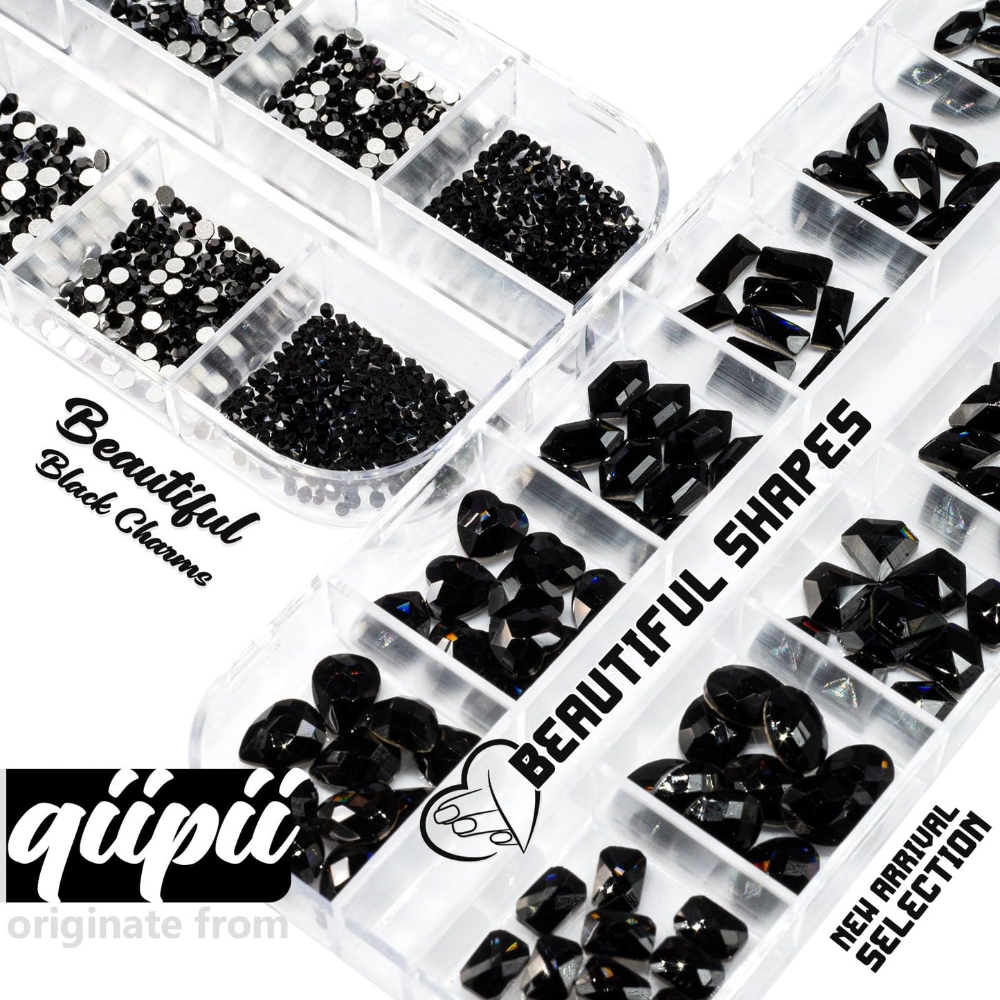 qiipii 4080Pcs Black Nail Rhinestones Crystal Flatback Jet Black Rhinestones Round Beads Glass Gems Stones Nail Art Gems Diamond