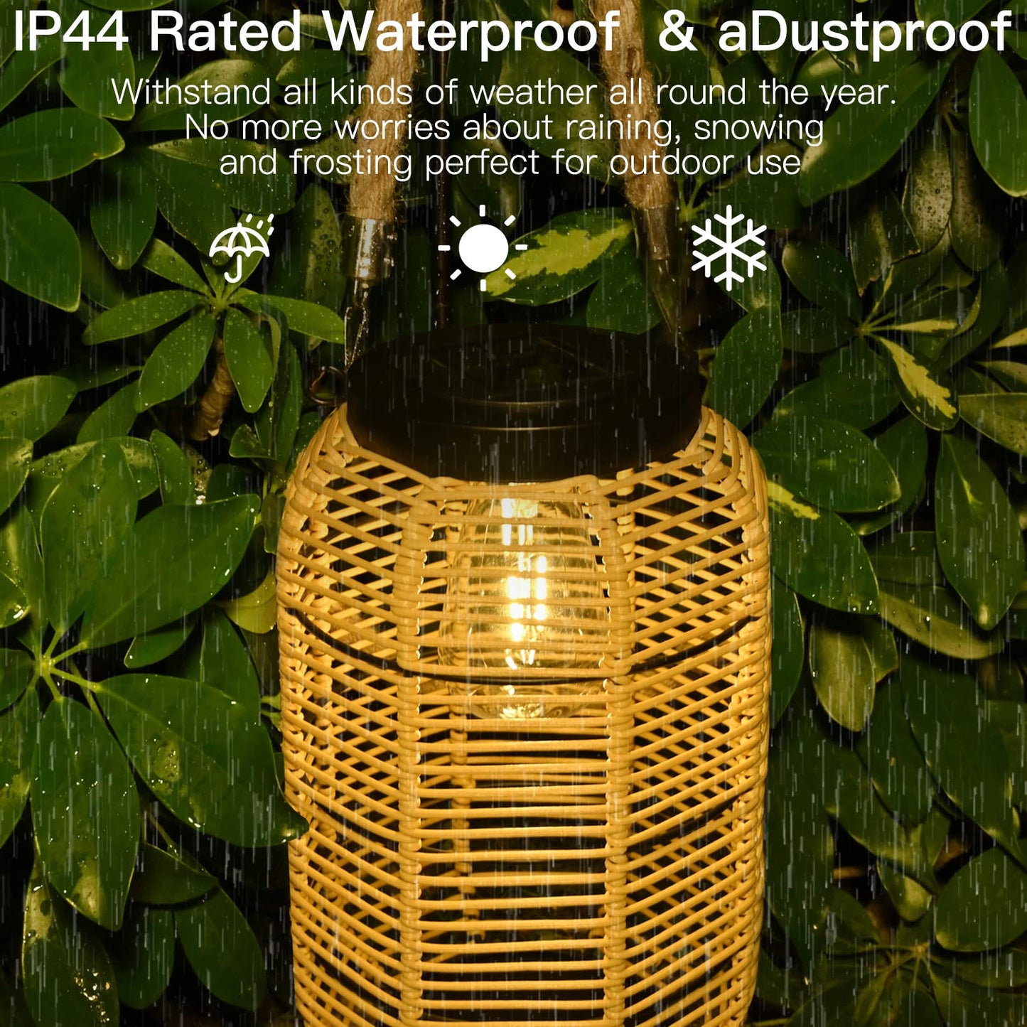 Livinlarge Solar Lantern - Outdoor Hanging Light, Waterproof Rattan with Twine Handle, Bright Edison Bulb, Multicolor, Model 434