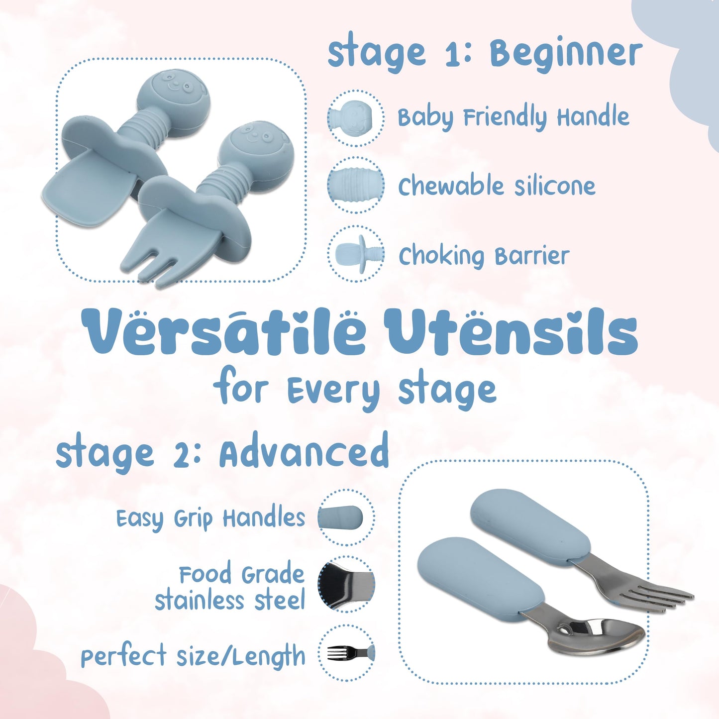 SimplisticStuff BPA-Free Silicone Baby Feeding Set: Includes Suction Plate, Bowl, Sippy Cup w Lid, Fruit Feeder & Teether, Sensory Bump Utensils, Steel Spoon and Fork, Blue