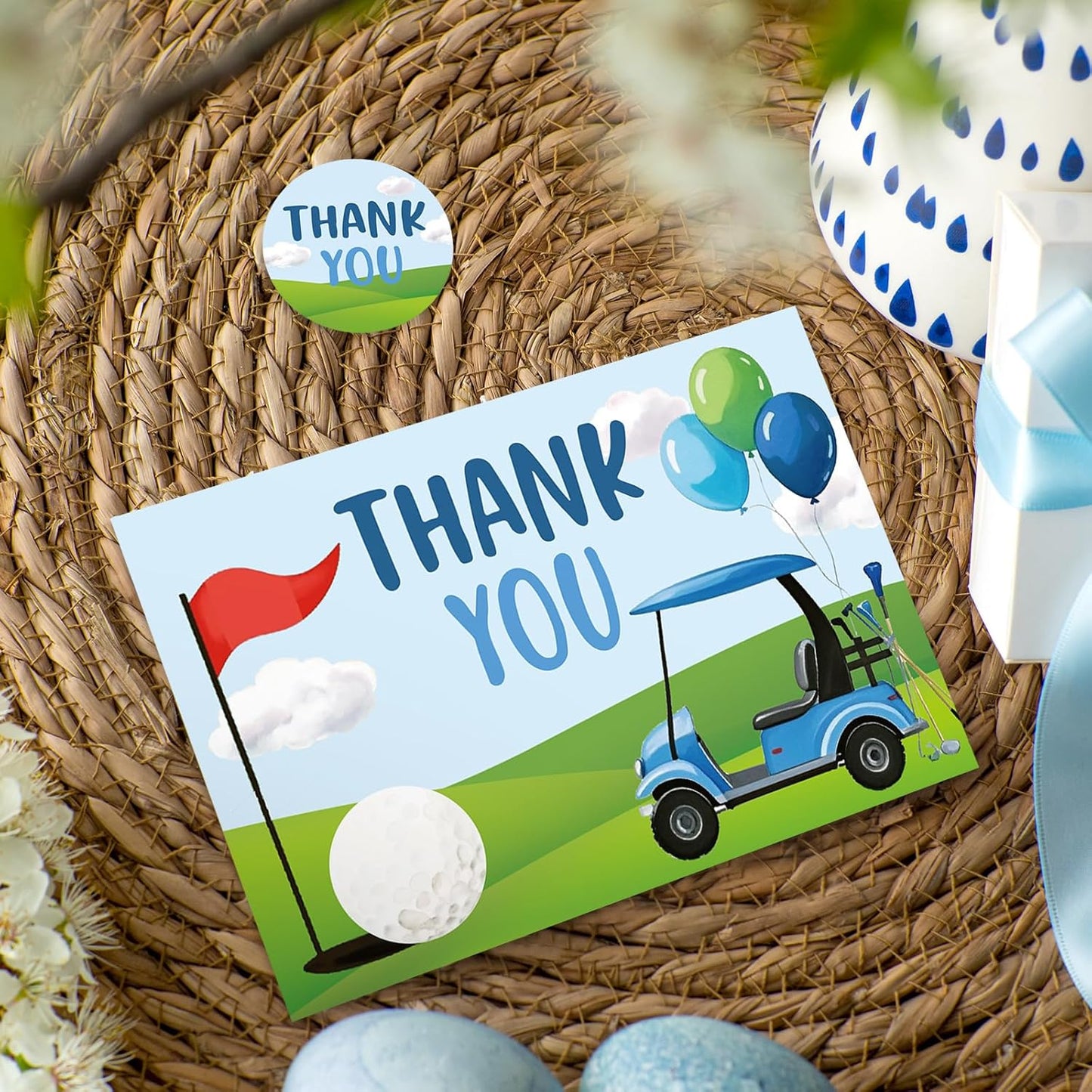 Whaline 24Pcs Golf Thank You Cards Golf Course Cart Balloon Greeting Card Blue Green Blank Note Cards with Envelope Sticker for Birthday Sport Party Supplies