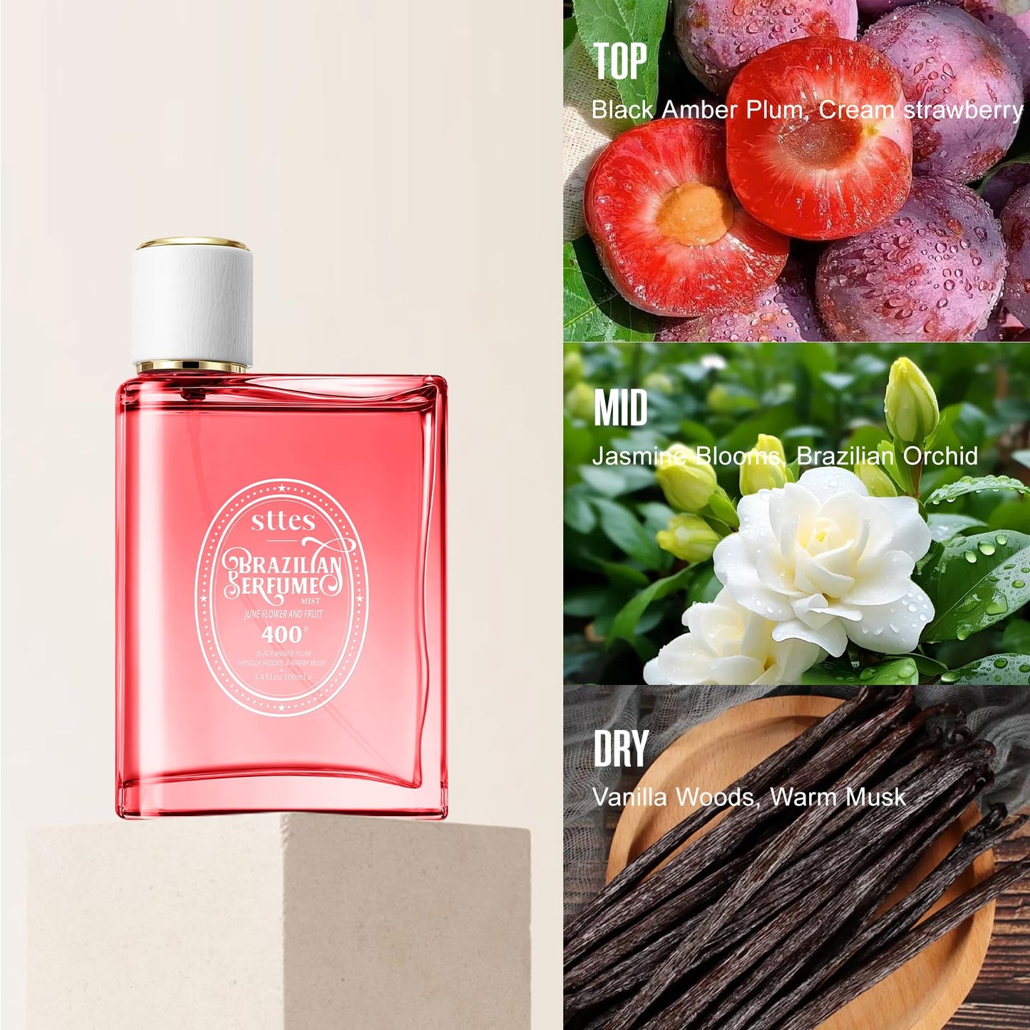 Sttes Perfume 400# (June Flower Fruit) - Eau de Perfume 100ml (3.4fl oz) Flower Fruit Gourmet Tune (Vanilla + Plum + Jasmine + Woody Tone)