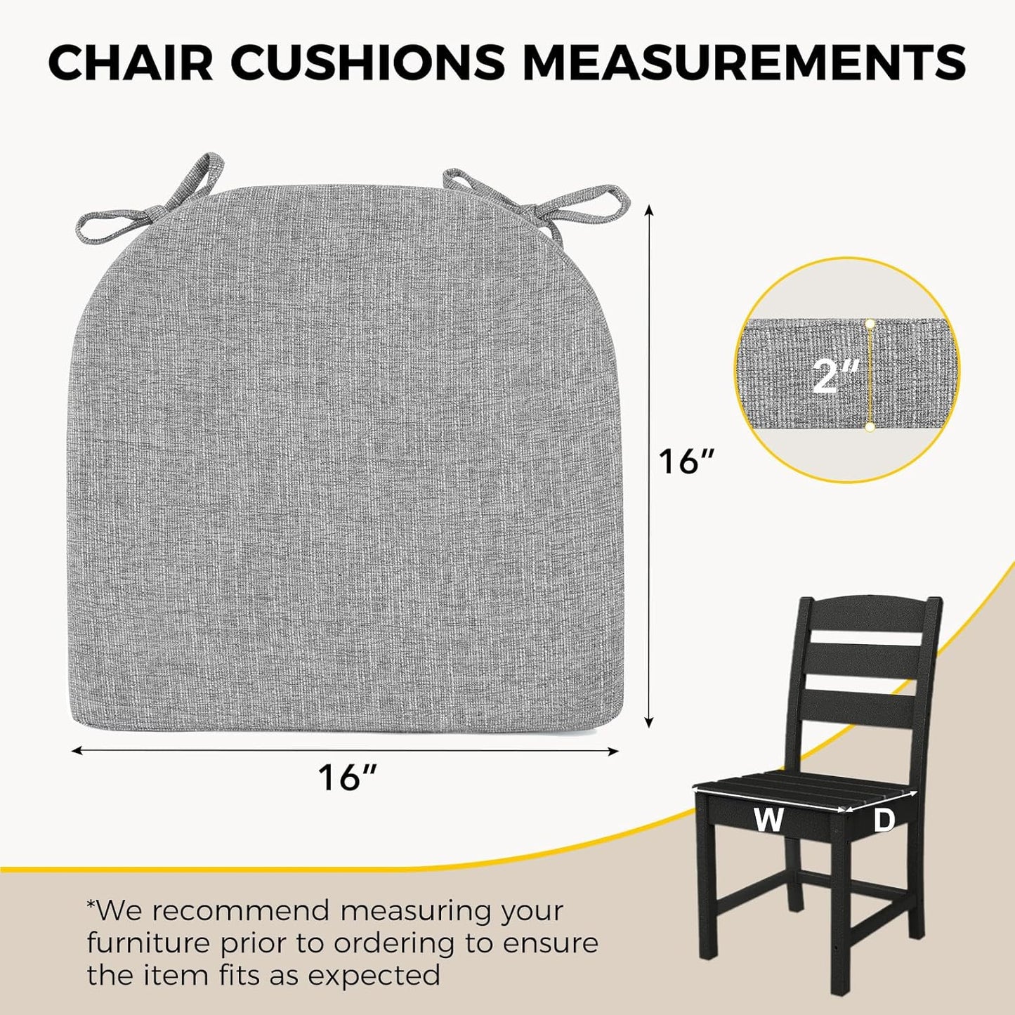 downluxe Indoor Chair Cushions for Dining Chairs, Soft and Comfortable Textured Foam Kitchen Chair Pads with Ties and Non-Slip Backing, 16" x 16" x 2", Light Grey, 4 Pack