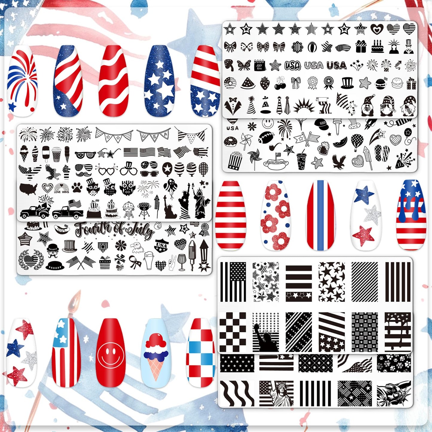 Whaline 6Pcs Patriotic Nail Plates Stamping Set USA Flag Star Stamp Templates 4th of July Nail Art Plates for Independence Day D