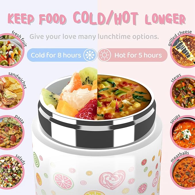 12oz Insulated Food Jar for Kids, Easy Carry, Wide Mouth, Thermos for Hot Food, Soup, Salad, Sandwich, School Lunches (Red-Candy)