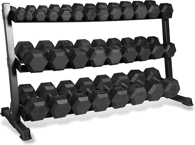 CAP 1200 LB Rubber Coated Hex Dumbbell Hand Weight Set with Three Tier Storage Rack - Chrome Handle | Black Rack